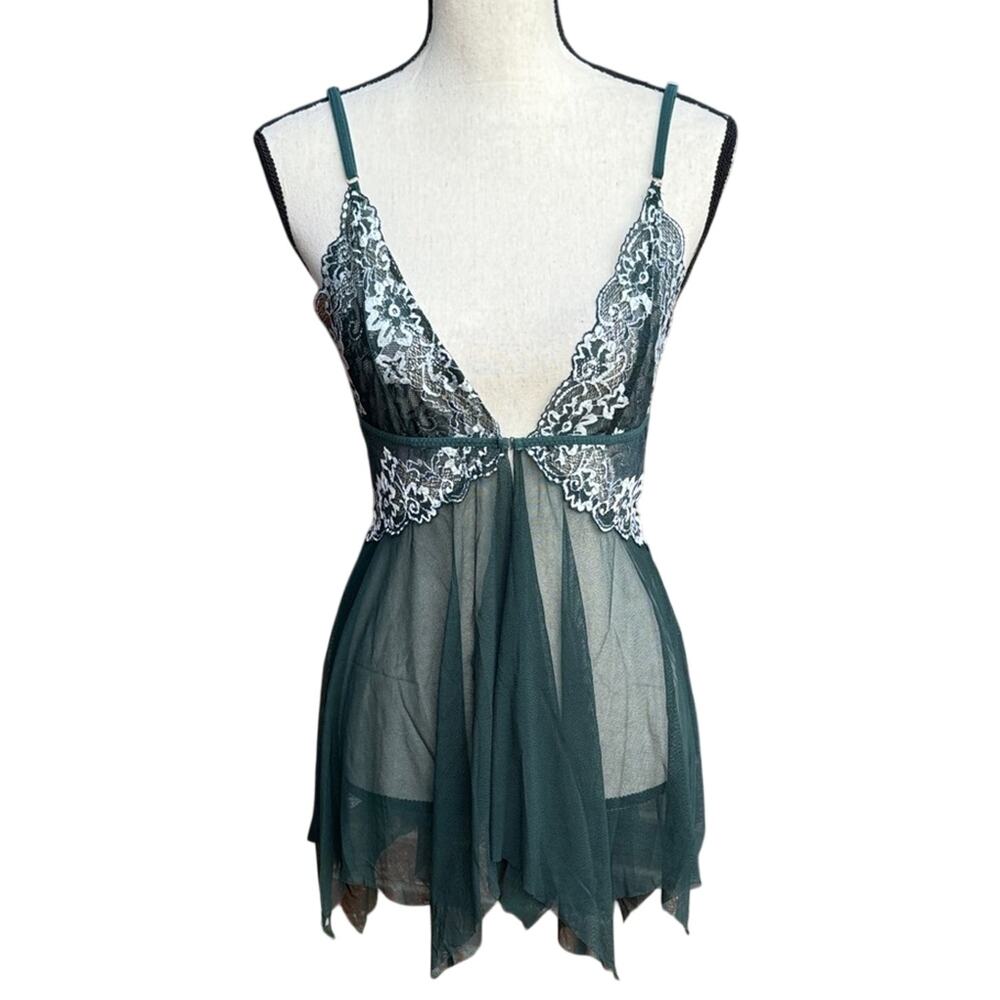 Avidlove Green Lace Babydoll Lingerie Set Sheer Halter Flyaway Chemise Small S